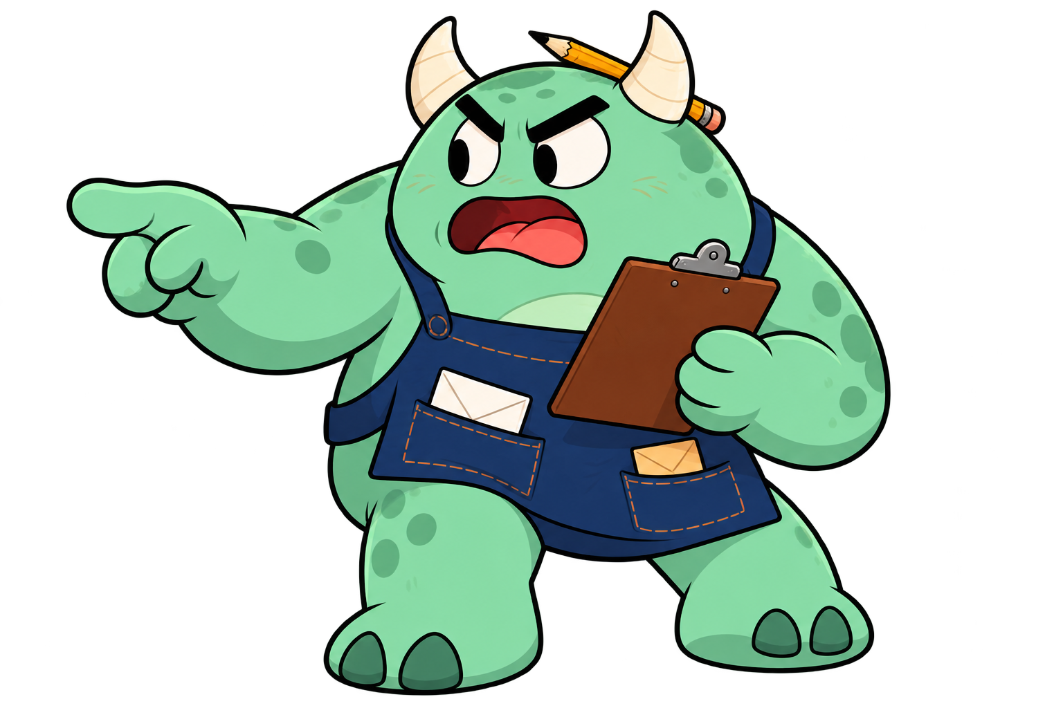 Bex, the mint-green courier with horns, workwear and a clipboard