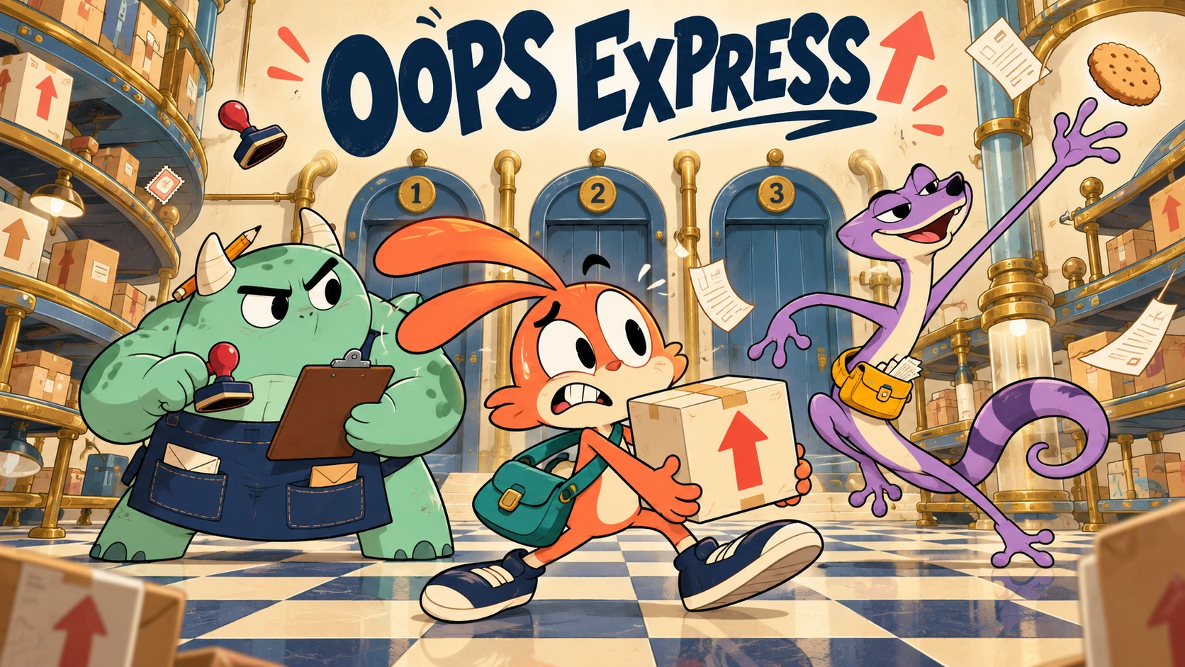 Bex, Riff and Nix in the Oops Express depot, surrounded by flying parcels, receipts and a biscuit