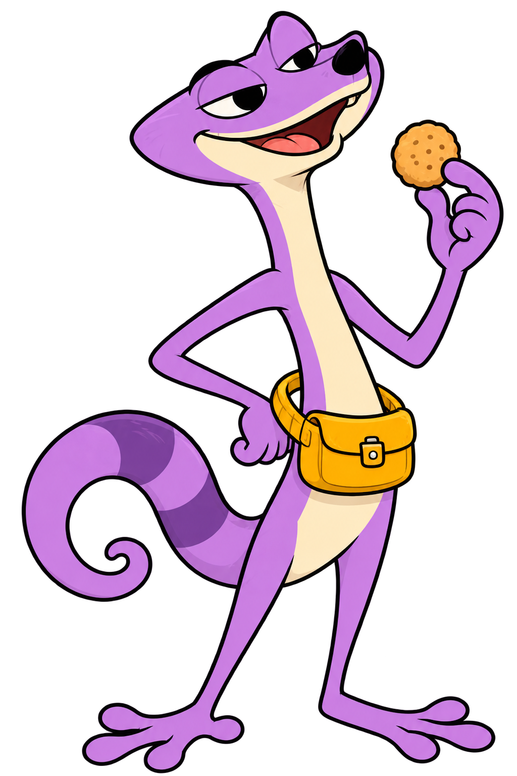 Nix, the tall lavender courier with a curled tail, holding a biscuit