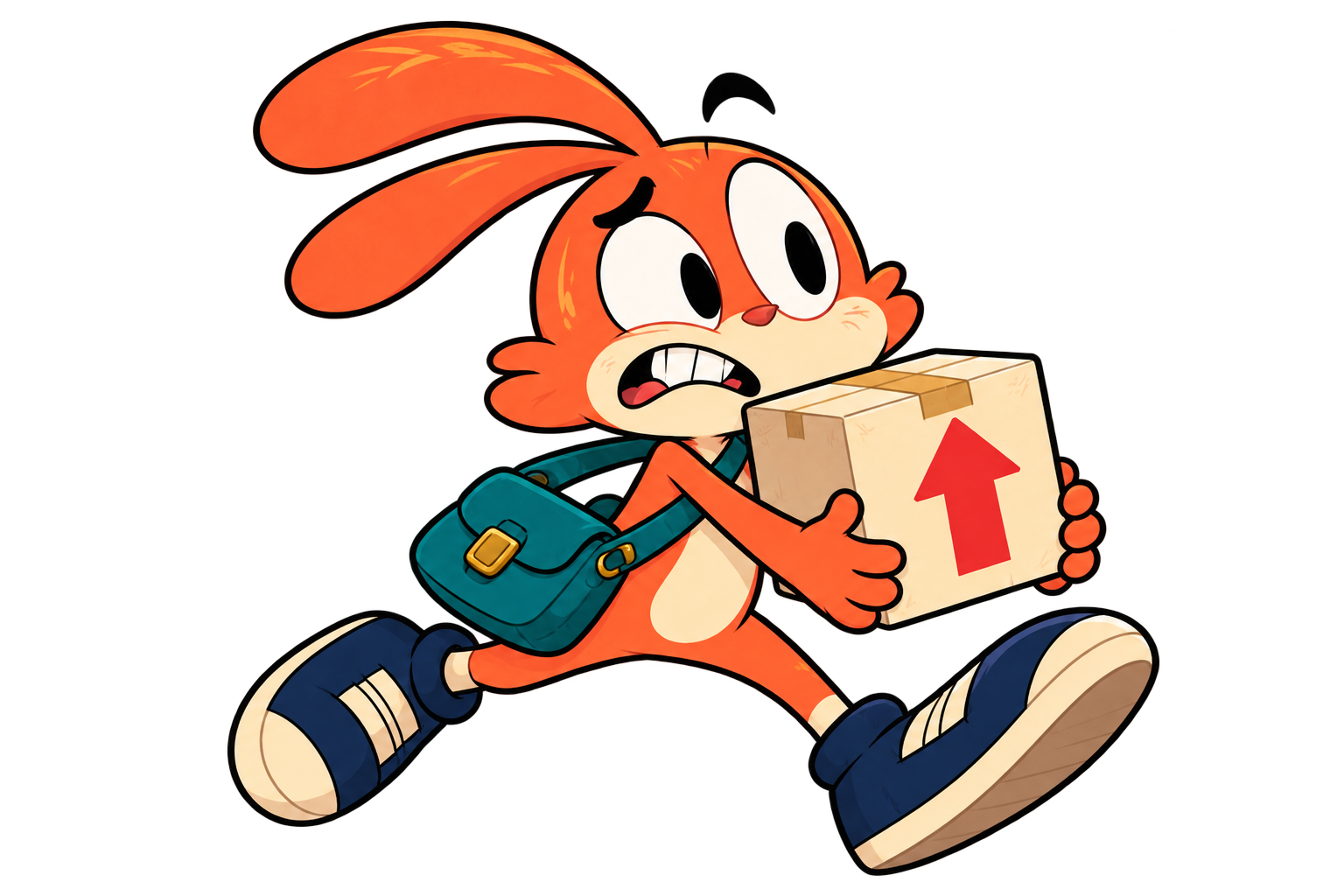 Riff, the orange courier, racing ahead with a parcel